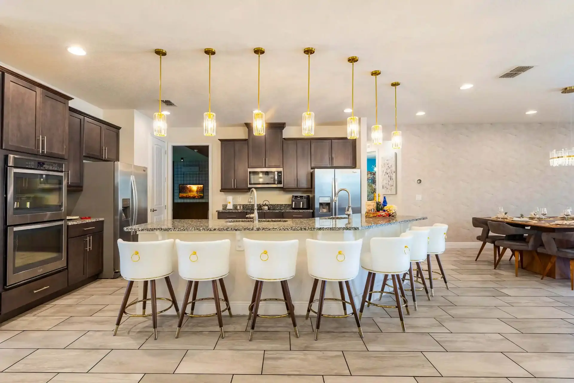 Large kitchen island with bar seating for eight