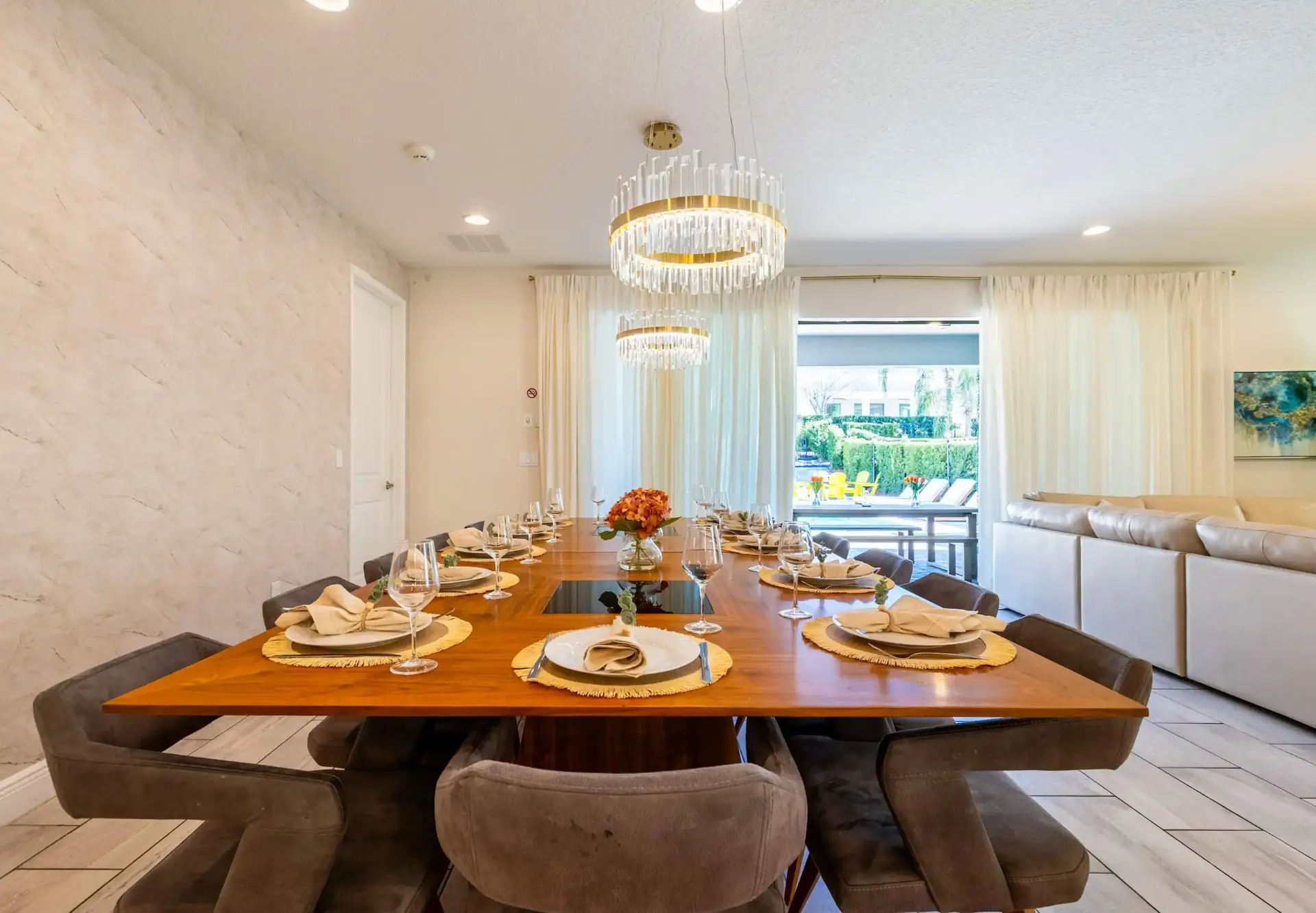 Formal dining table with pool view