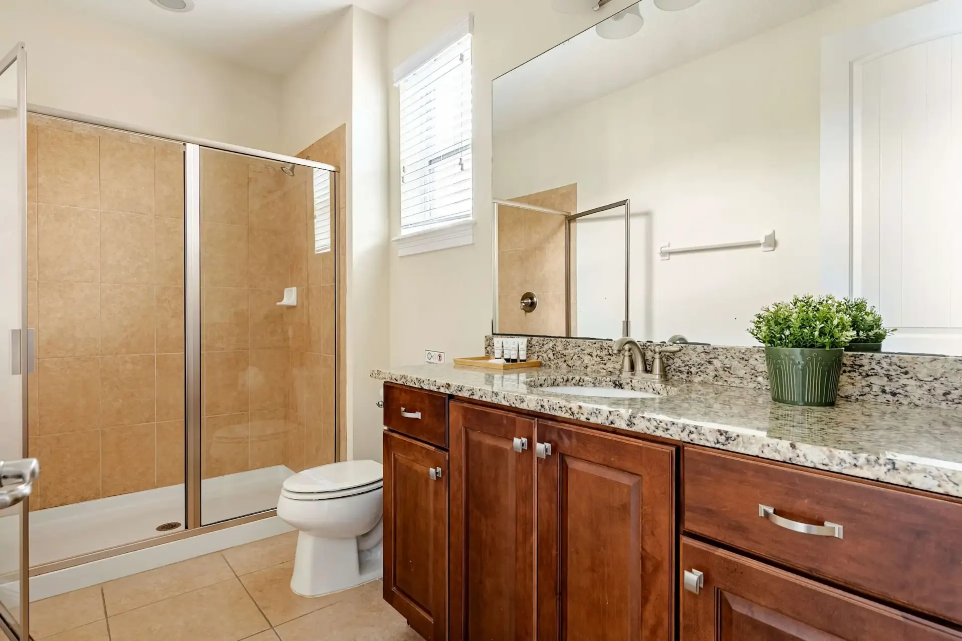 Double vanity with walk-in shower