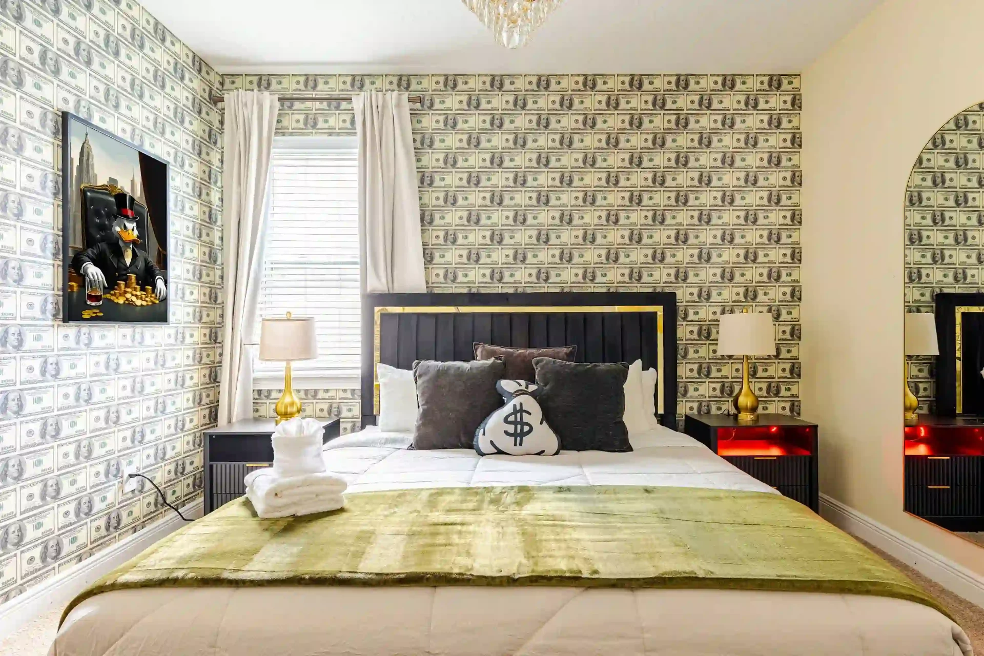 wellness retreat bedroom money bag pillow queen bed orlando