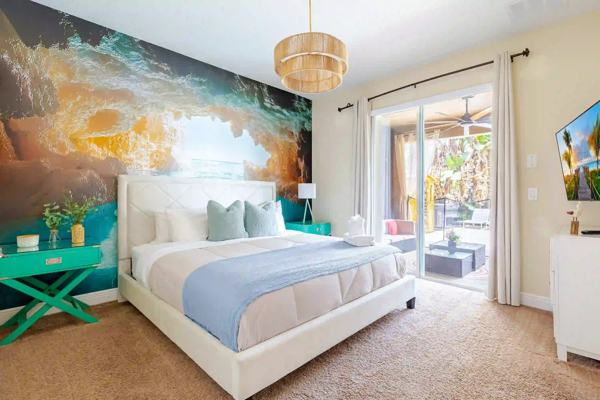 wellness retreat bedroom ocean cave mural king bed orlando
