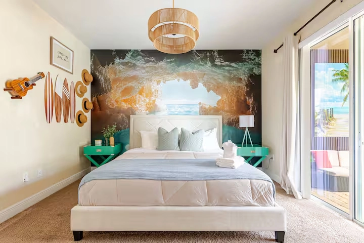 wellness retreat bedroom ocean mural king bed patio orlando