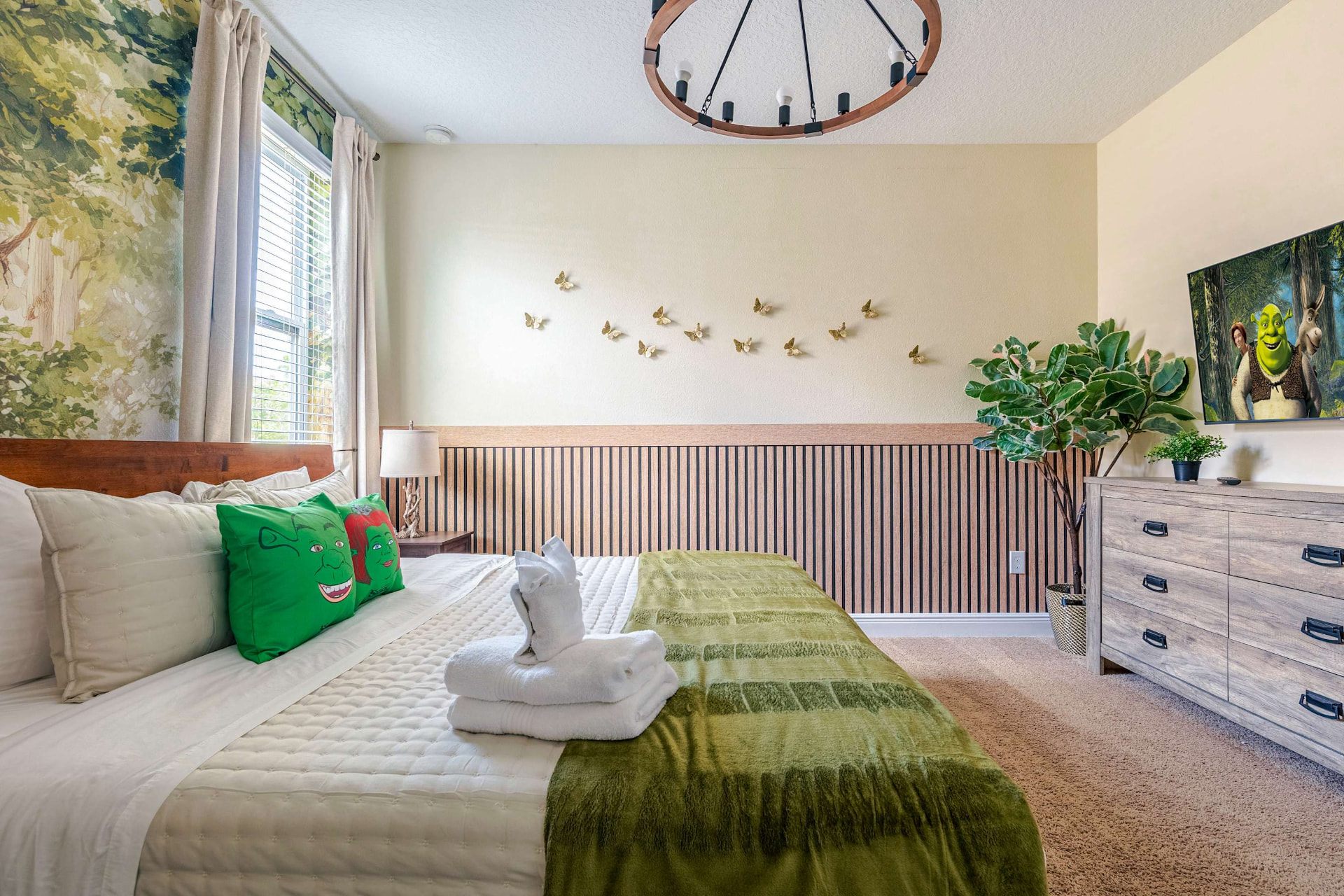 wellness retreat bedroom shrek forest mural king bed orlando